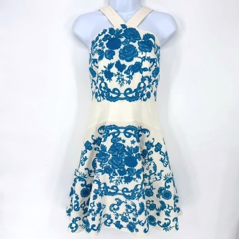 Foxiedox Womens White Blue Floral Embroidered Halter Fit Flare Dress